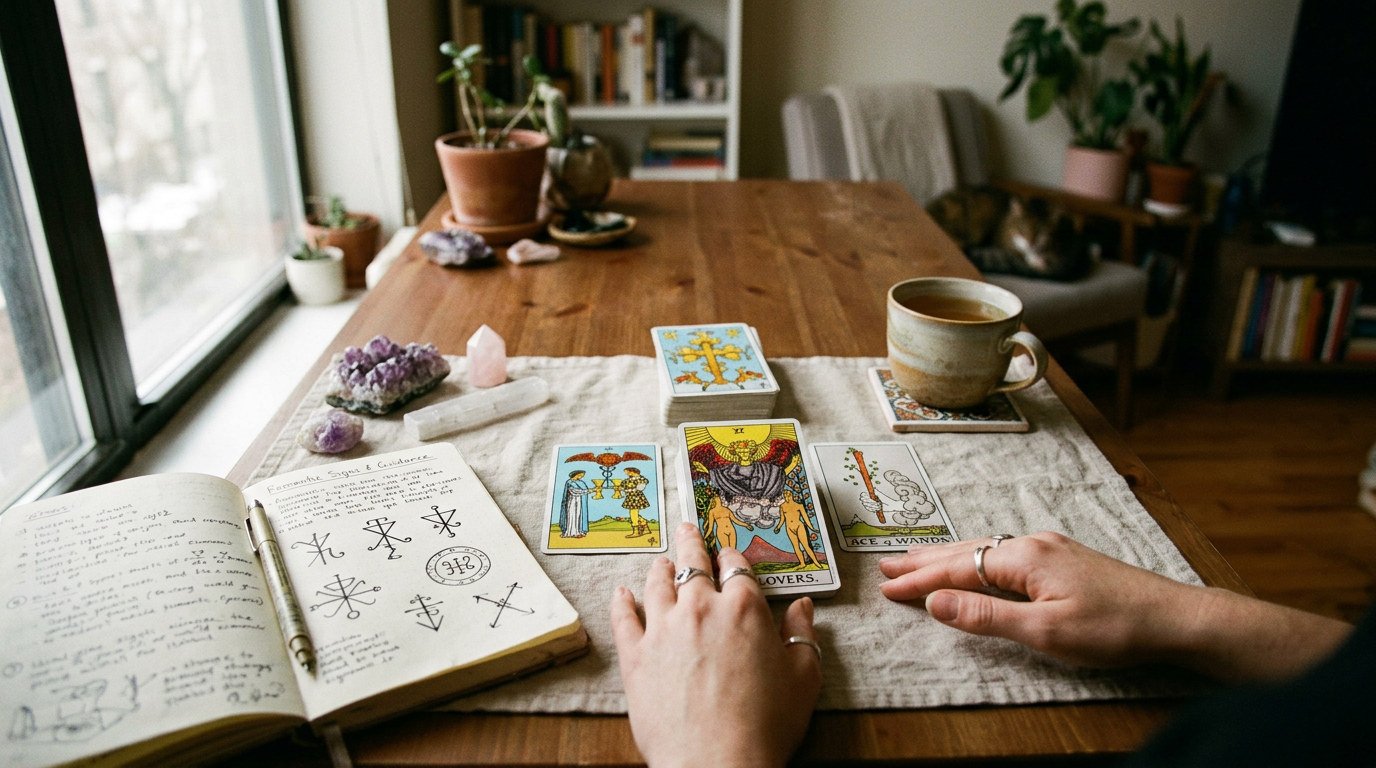 Mesa com flores secas, vela e cartas de tarot
