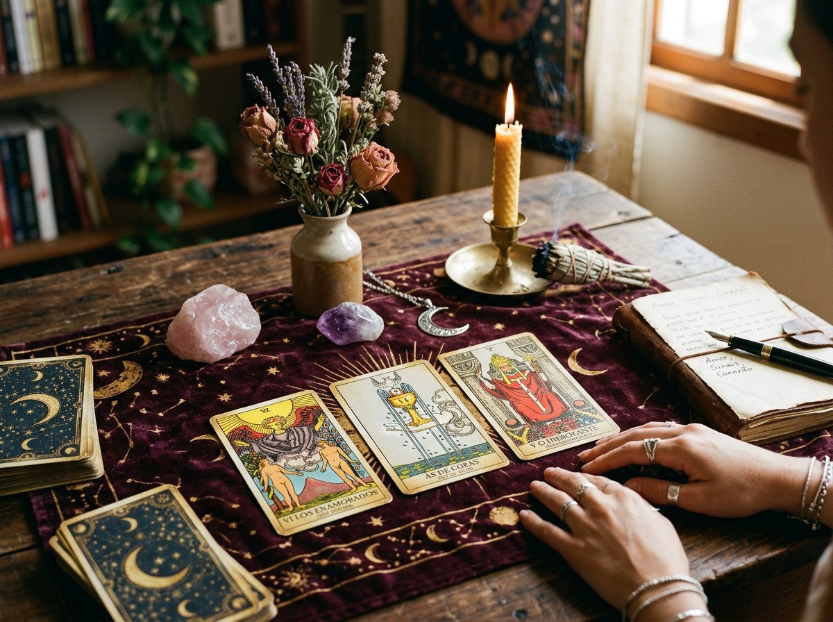 Mesa com cristais, tarot e vela em ambiente espiritual